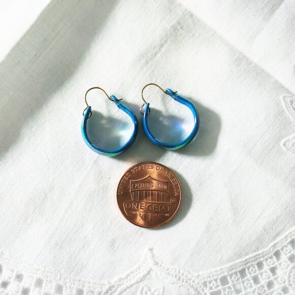 Vintage Teal Enamel Earring Hoops, Small 80s Deadstock Peacock Colour Earrings - Picture 5 of 5